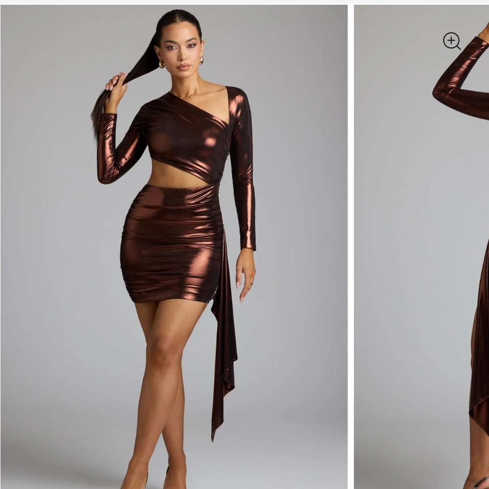 Oh Polly Nasira Metallic Brown One-Shoulder Dress